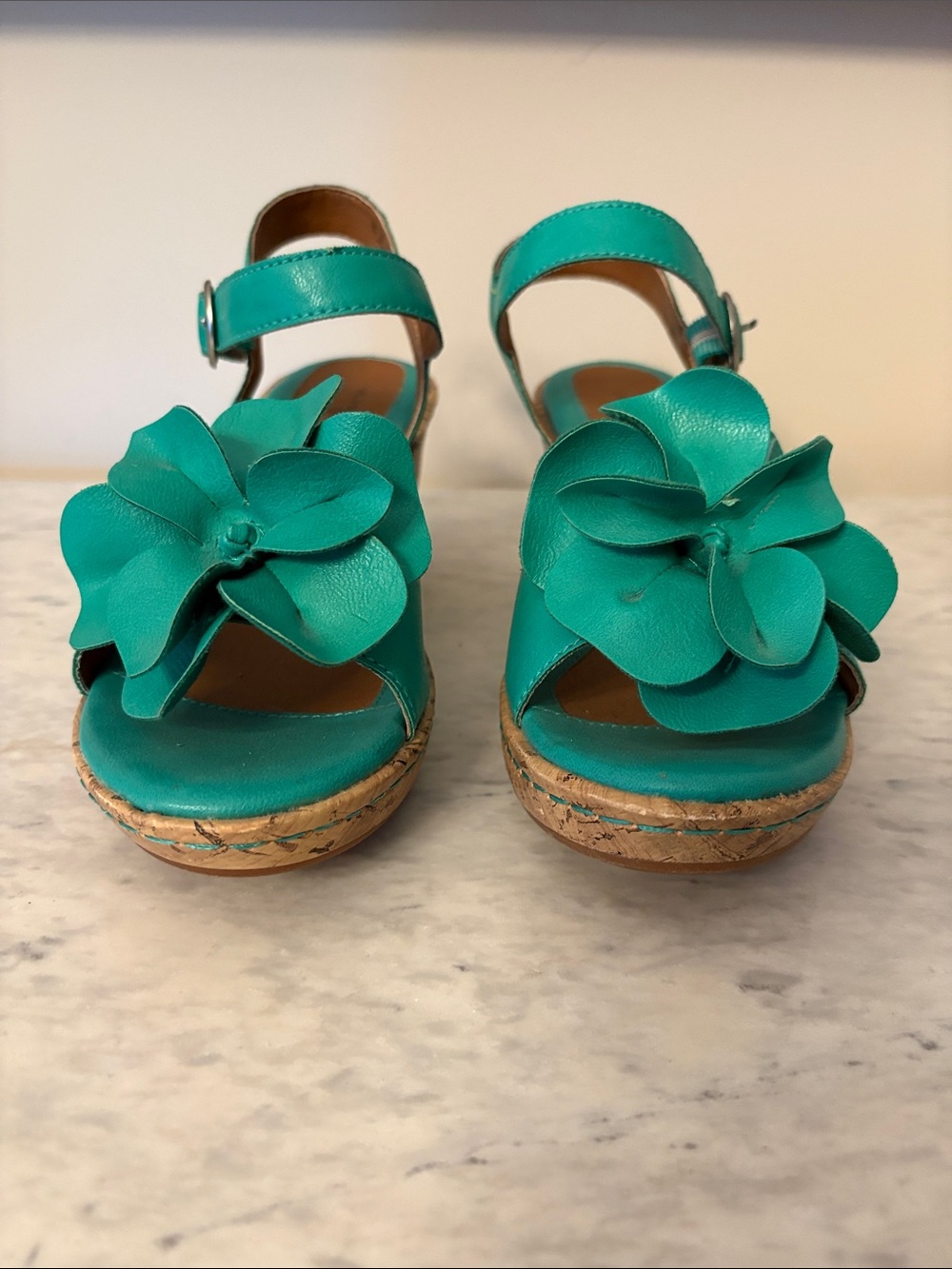 Jaclyn Smith Teal Floral Cork Wedge Sandals size 7 NNT - Picture 8 of 9
